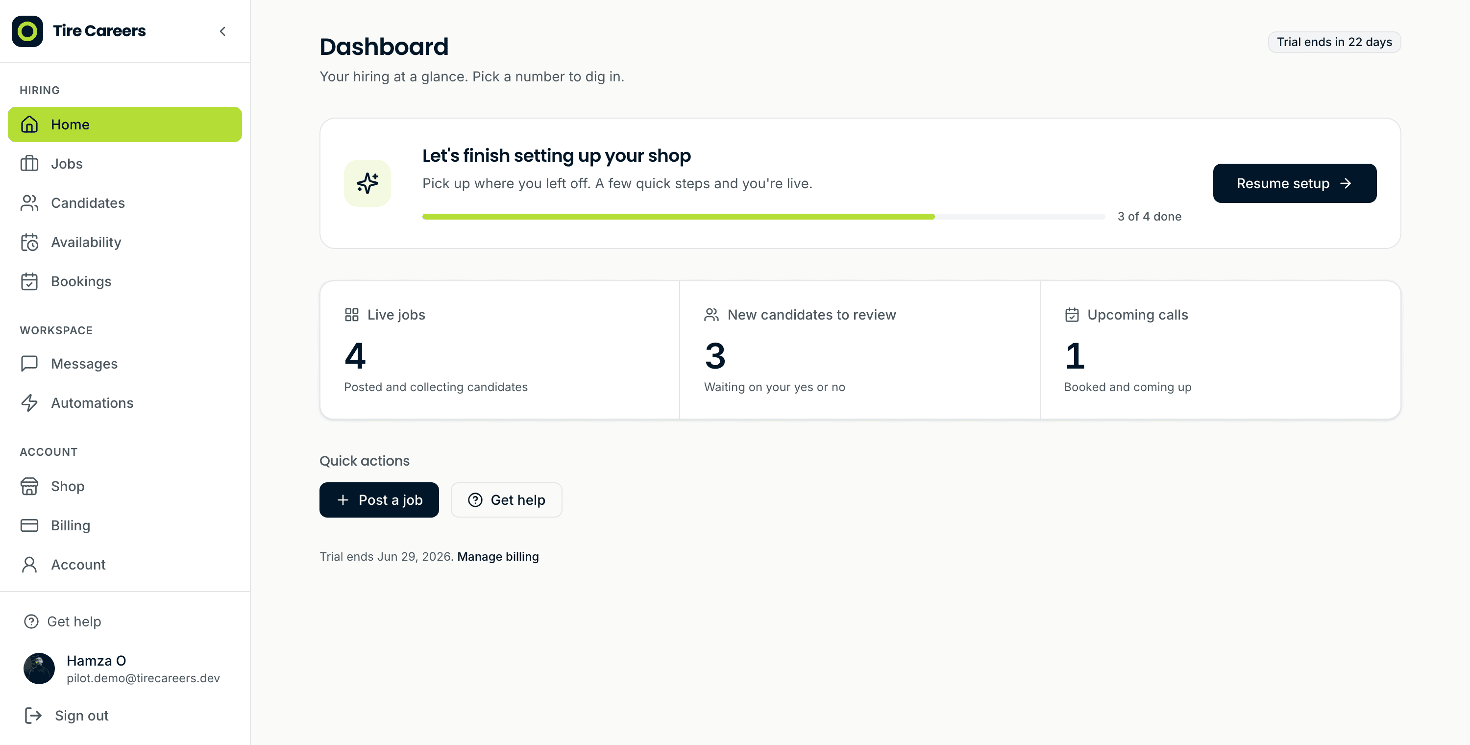 The Tire Careers owner dashboard — live jobs, candidates to review, and upcoming calls at a glance